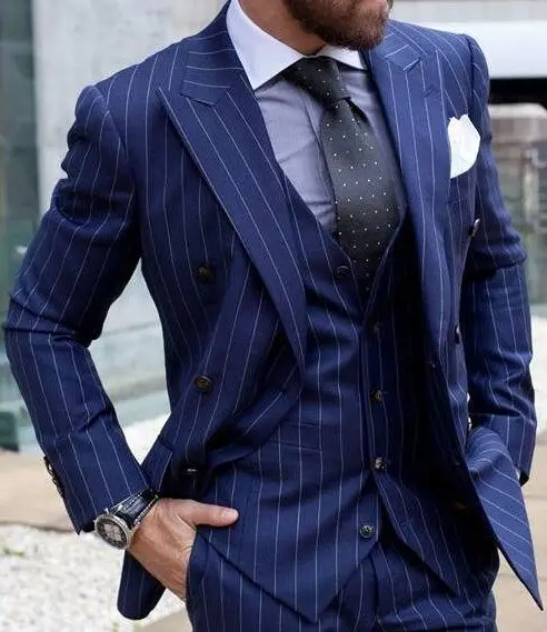 

Navy Blue Striped Suits Men Classic Formal Party Smart Business Suit Blazer 3 Pieces Groom Tuxedos Wedding Suits For Men Ternos
