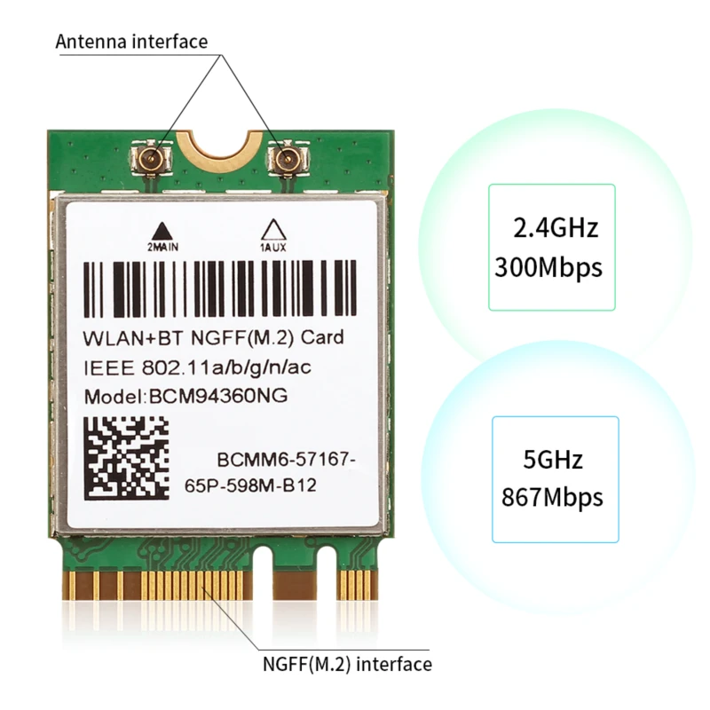 1200Mbps 802.11ac WiFi BCM94360NG NGFF M.2 BCM94360CS2 5Ghz WLAN Bluetooth 4.0 Card DW1560 untuk Windows Mac Hakintosh Windows 11