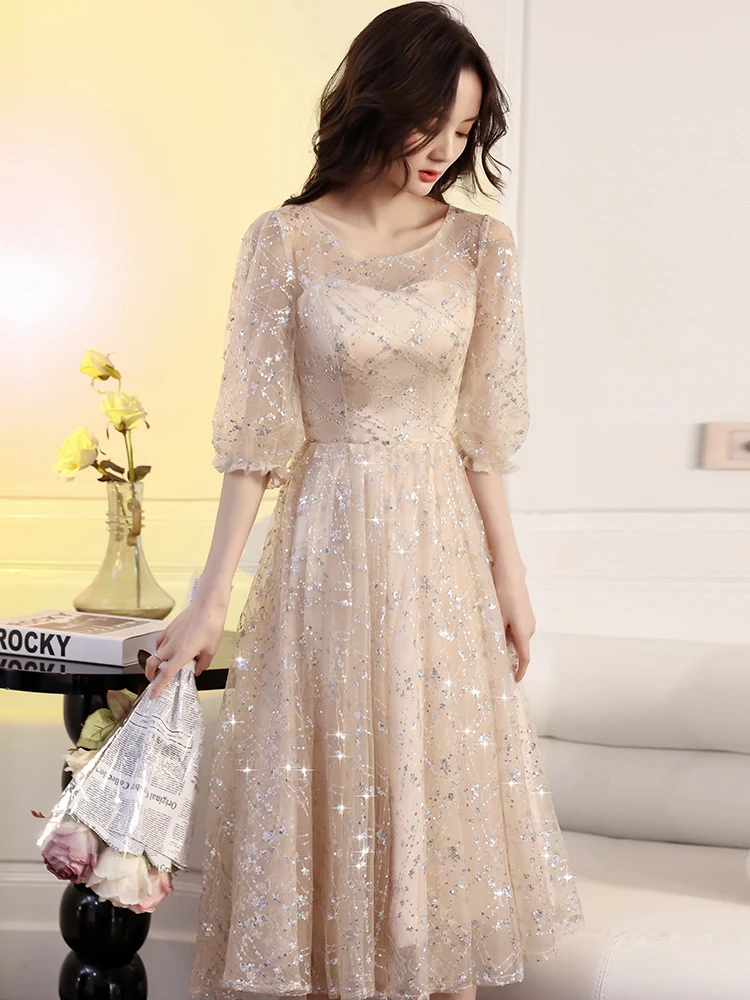 Semi Formal Evening Dresses Short 2021 Elegant O-neck A-line Tea-length Champagne Sequin Tulle Women Dresses For Wedding Party