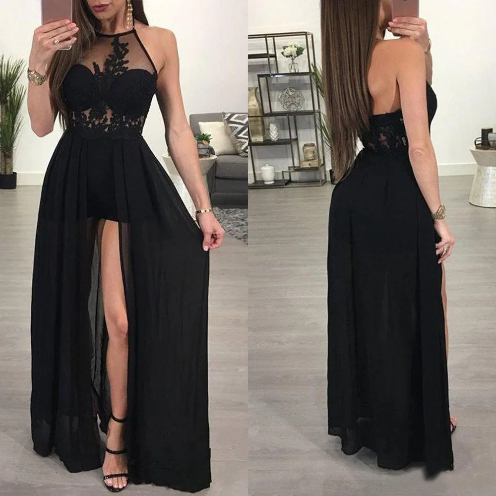 Nuovo nero A Line Halter Chiffon Backless Prom Party Gown abiti da sera abito formale senza maniche Applique abito personalizzato