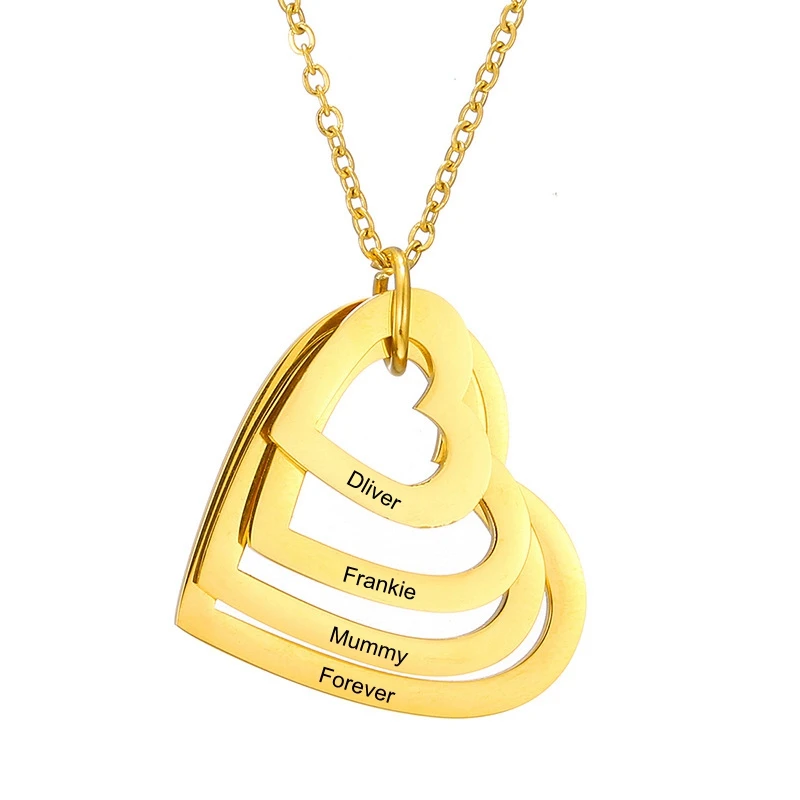 Personalized Engrave Names Heart Pendant Necklace Gold /Silver Color Customized Family Gifts for Woman Monther's Days Gift