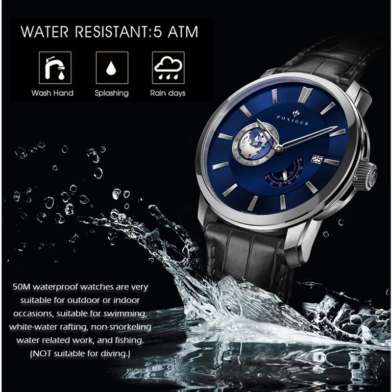 PONIGER Luxury High Quality Men Wrist Watches Automatic Mechanical Watch World Map Dial  Sapphire Glass Waterproof Watch