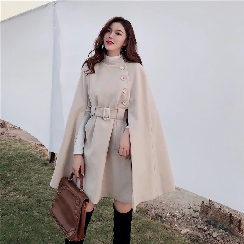 2024 Autumn High Quality Woolen Cloth Shawl Cape Poncho With Belt Women Mid-length Korean Sleeveless Casual Ladies Cape Coats