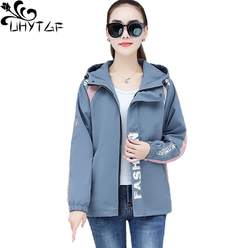 UHYTGF Womens Spring Trench Coat Hooded Casual Thin 3XL Big Size Outerwear Long-Sleeved Baseball Uniform Short Windbreaker 1495