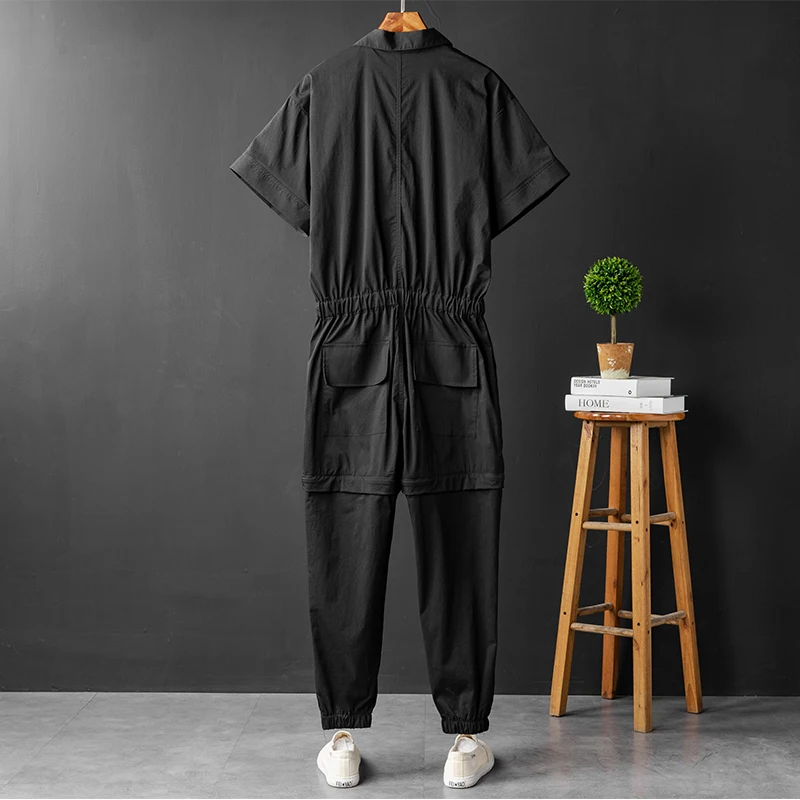 Summer Men's Short-Sleeved Jumpsuit Overalls Lapel Knee Detachable Hip-Hop Casual Beam Feet Cargo Pants Green Black Trousers