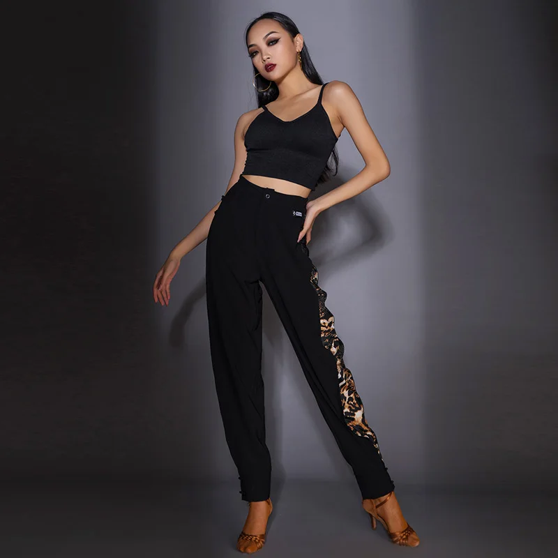 2021 New Latin Dance Pants For Women National Standard Trousers High Waist Leopard Print Latin Dance Practice Clothes DQS6688