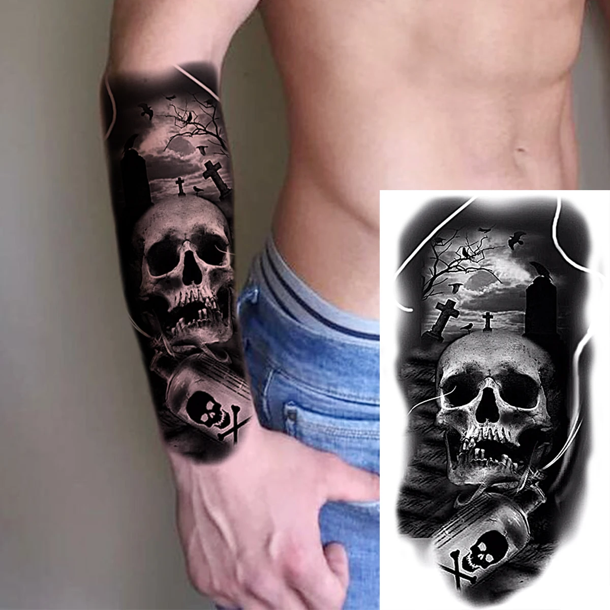 Realistic Black Vampire Forest Temporary Tattoos For Women Adult Skull Lion Fake Tattoo Waterproof Body Art Scary Skeleton Tatoo