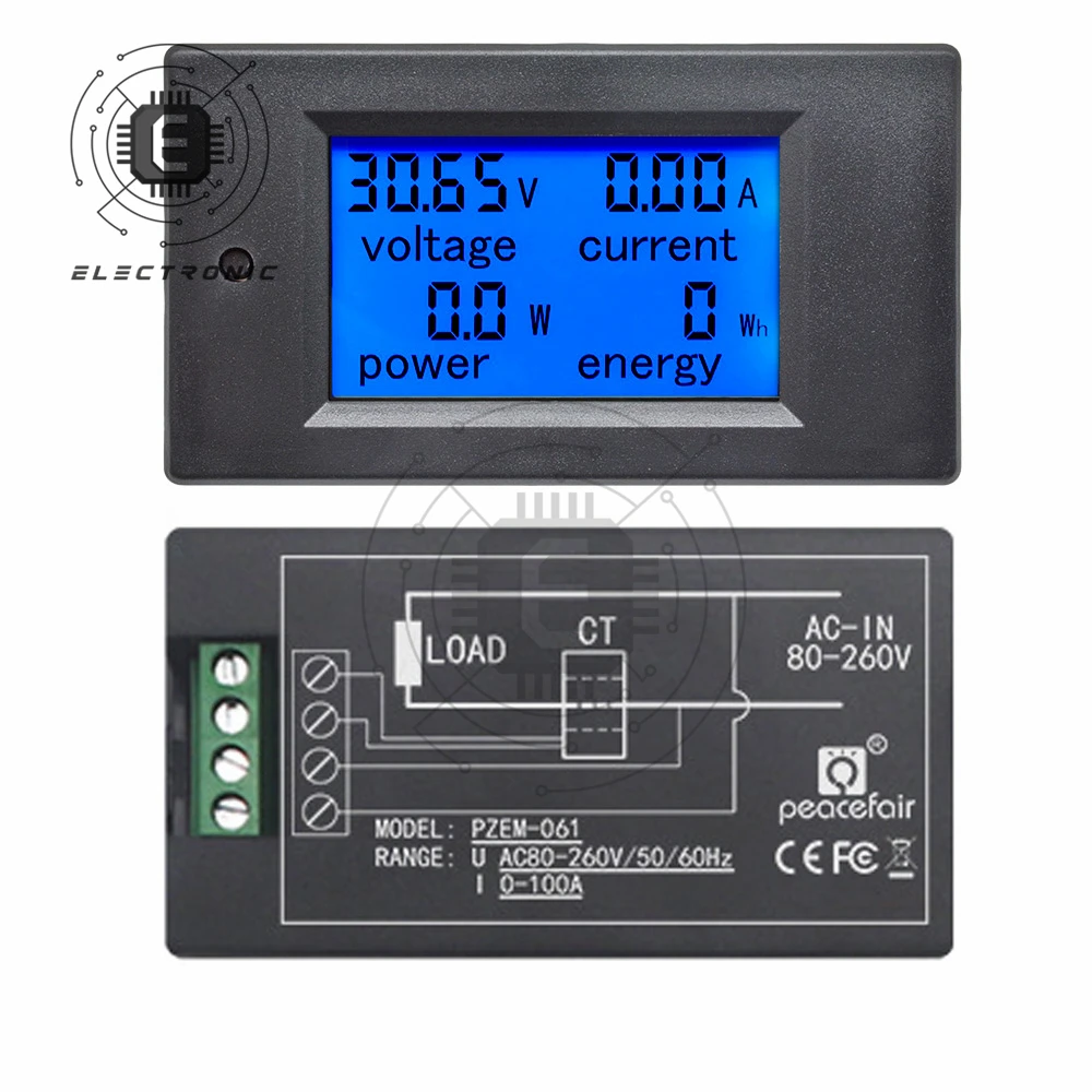 AC 6in1 220V 80V~260V 100A Single Phase Digital Ampermeter Power Energy Voltmeter Ammeter Volt Watt Kwh Factor Meter Split CT