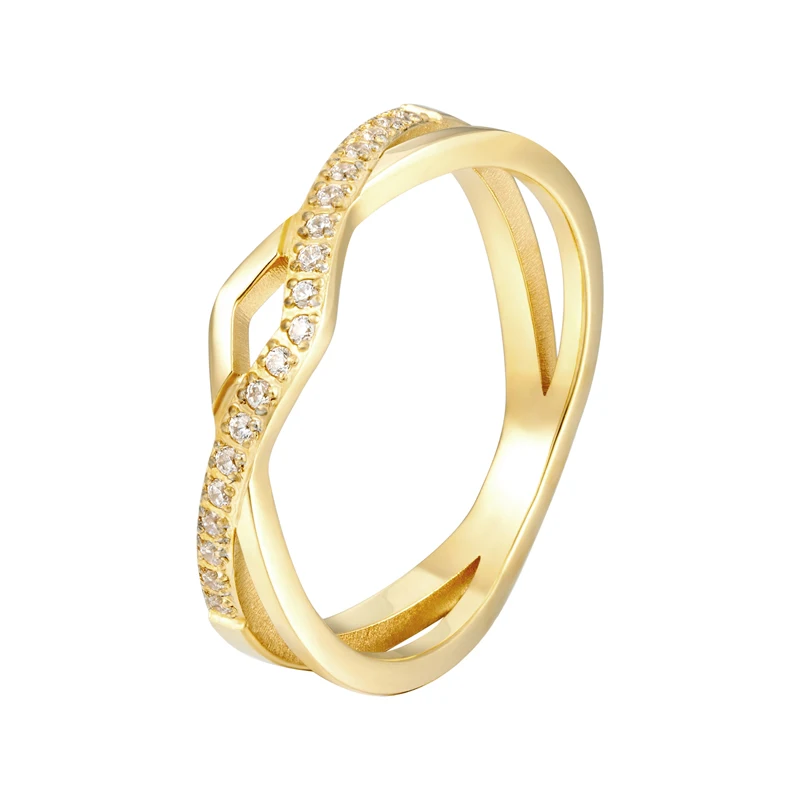 Elegant Double V Overlap CNC Inlaid Zircon Ring Titanium Steel High Polished Jewelry Gold Color Woman Ring Love Gift