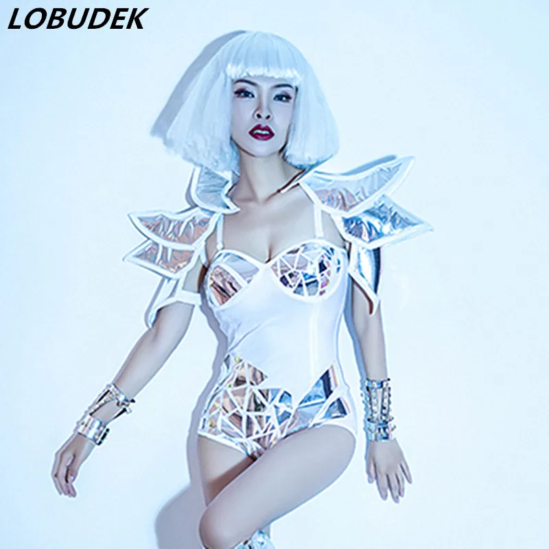 Women Singer Dancer Nightclub Bar Stage Performance Silver White Laser Bodysuit Armor Dance Outfit Club Party Show Costume