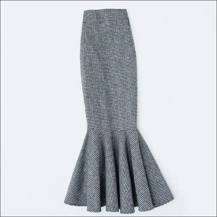 

plus size 4XL!Irregular fishtail skirt high waist women winter package hip Plover grid woolen skirt office lady TB3748