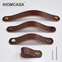 IHOMCASA Brown Leather Knobs European Retro Furniture Drawer Wardrobe Door Handle Cupboard Shoe Cabinet Cowhide Pulls Knob