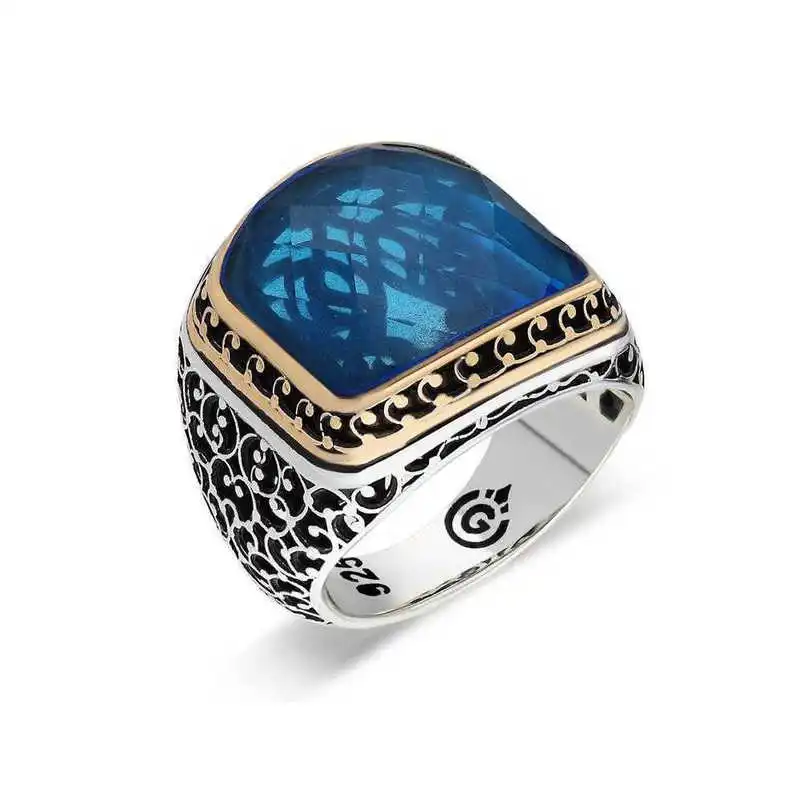 Silver Light Blue Stone Men's Ring - 925 Sterling Men's Jewelry Wedding Birthday Gift - Box - - Men - Fashion - Botiva - Size - Turkish - Patterned Embroidery