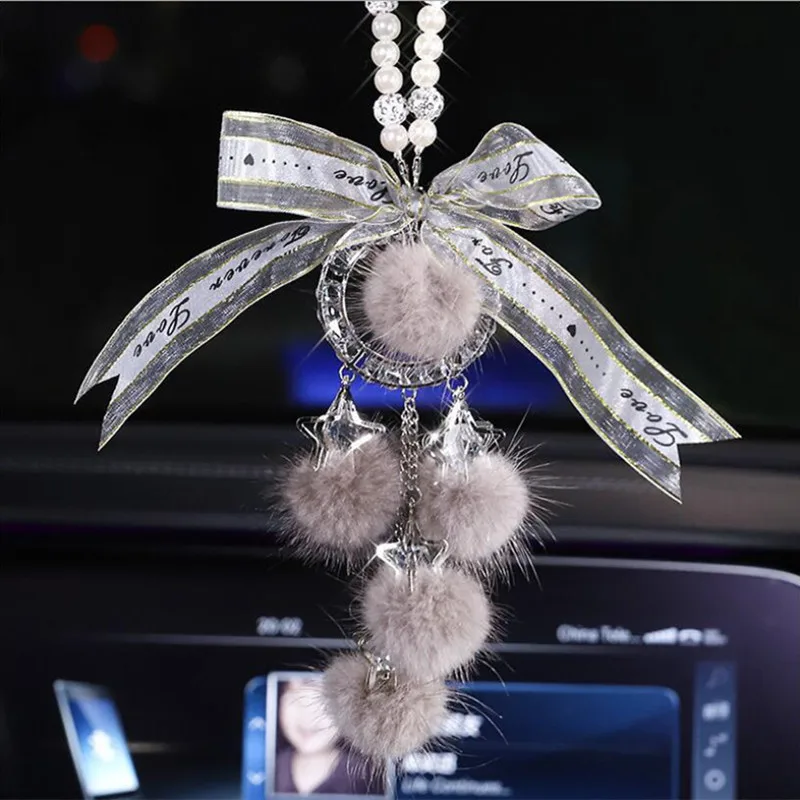 Car Ornament Car Rearview Mirror Pendant Girl Heart Art Cute Plush Pearl Pendant Female Car Accessories