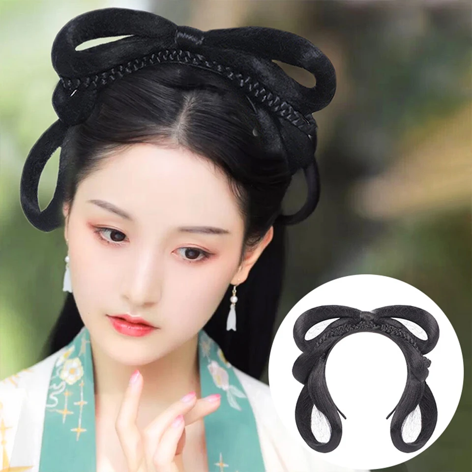 BUQI-peluca china tradicional Retro, moño de pelo falso negro, Cosplay, Hanfu sintético, banda de cabello de princesa de hadas antiguas