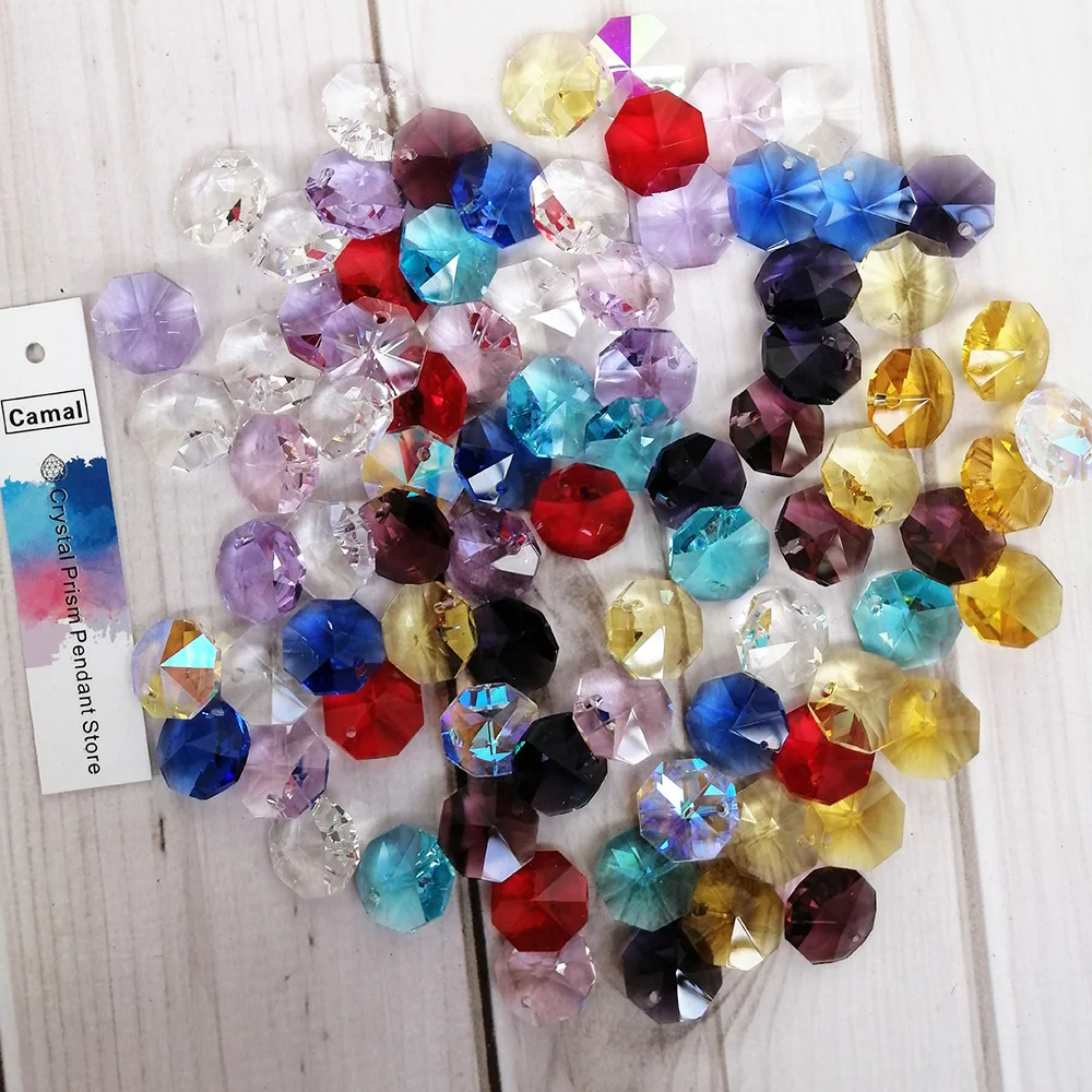 

Camal 100Pcs 11 Color 14mm Crystal Octagonal Loose Beads 1 Hole Chandelier Lamp Garland Strand Parts Curtain Craft Ornamemt DIY