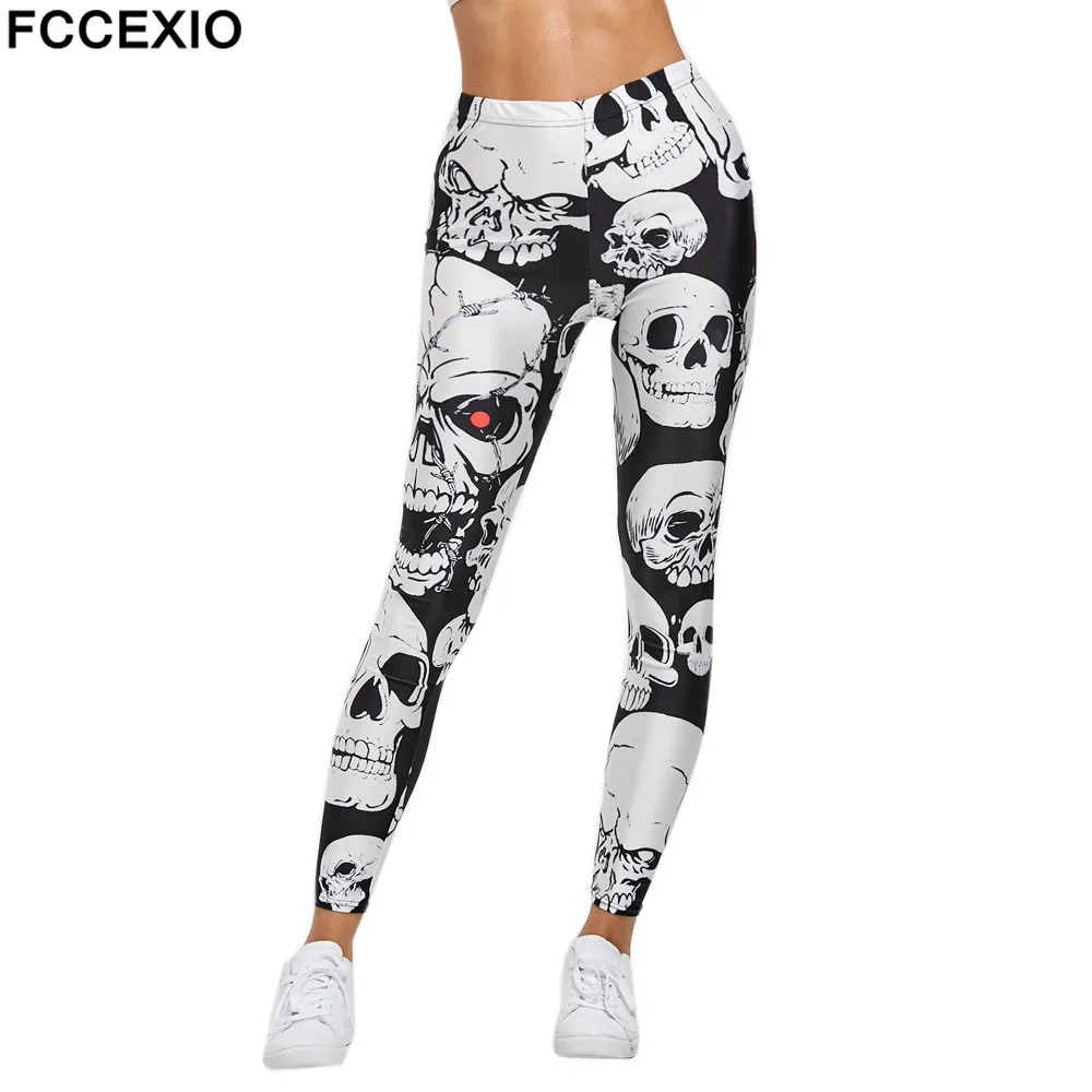 FCCEXIO-Leggings Femininos com Estampa Crânio Esportivo, Calças de Treino, Fitness, Corrida, Corrida, Calças Justas de Ginástica, Stretch Sportswear, Novo