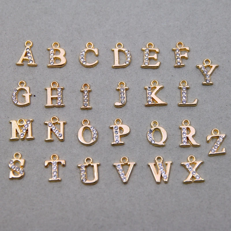 26/10pcs/pack A-Z Letter Gold Alloy Crystal Rhinestone Charms Alphabet Jewelry Bracelet Chain Keyring Initial Handmade Pendant