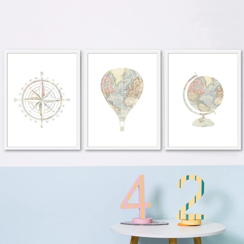 World Map Print Adventure Travel Nursery Wall Art Canvas Poster Hot Air Balloon Train Airplane Art Painting Kids Room Decor