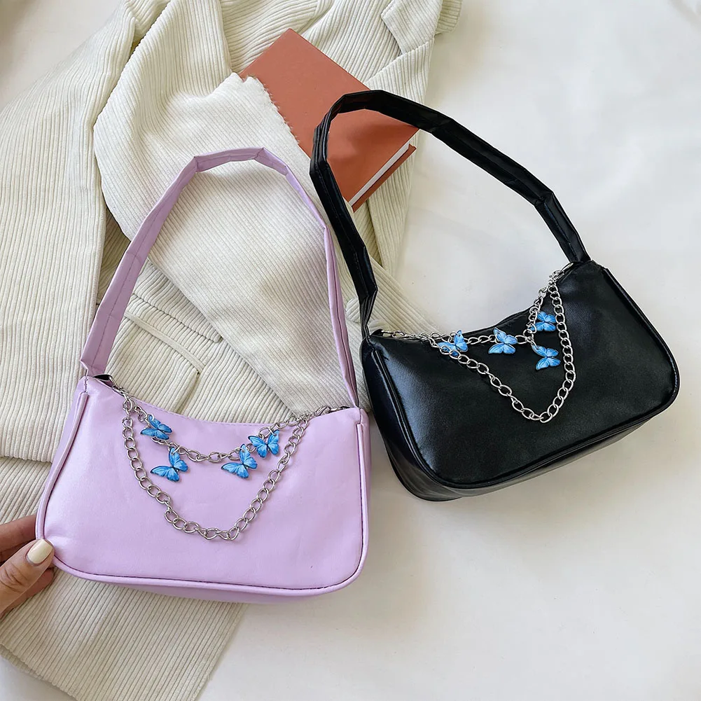 Bolso elegante con cadena de mariposa para mujer, bolsa de Baguette de Color caramelo, bolsos de mano para mujer, monederos de viaje, Hobos pequeños