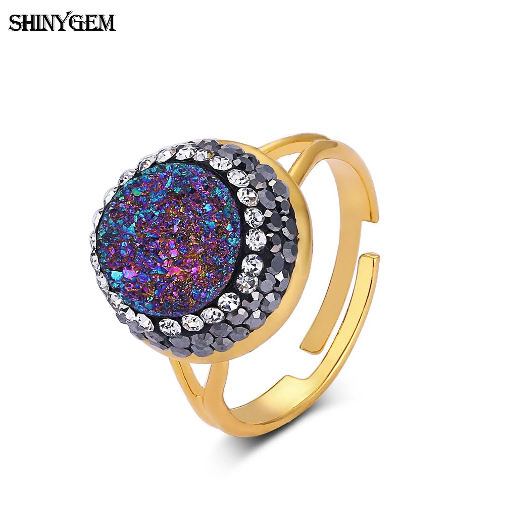 

ShinyGem Fashion 14mm Round Crystal Druzy Stone Rings Micro Inlay Zircon Charm Sparkling Adjustable Rings For Women Wedding