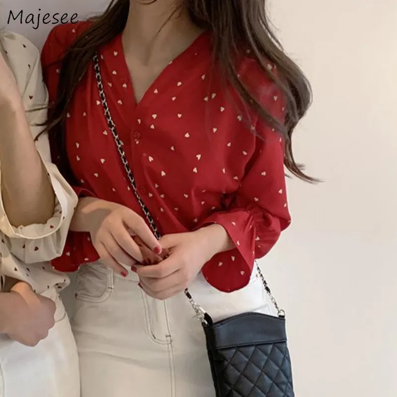 Blouses Women Heart Printed V-neck Single Breasted Elegant Office Lady Daily Soft Chiffon Korean Style Leisure Fashion Females