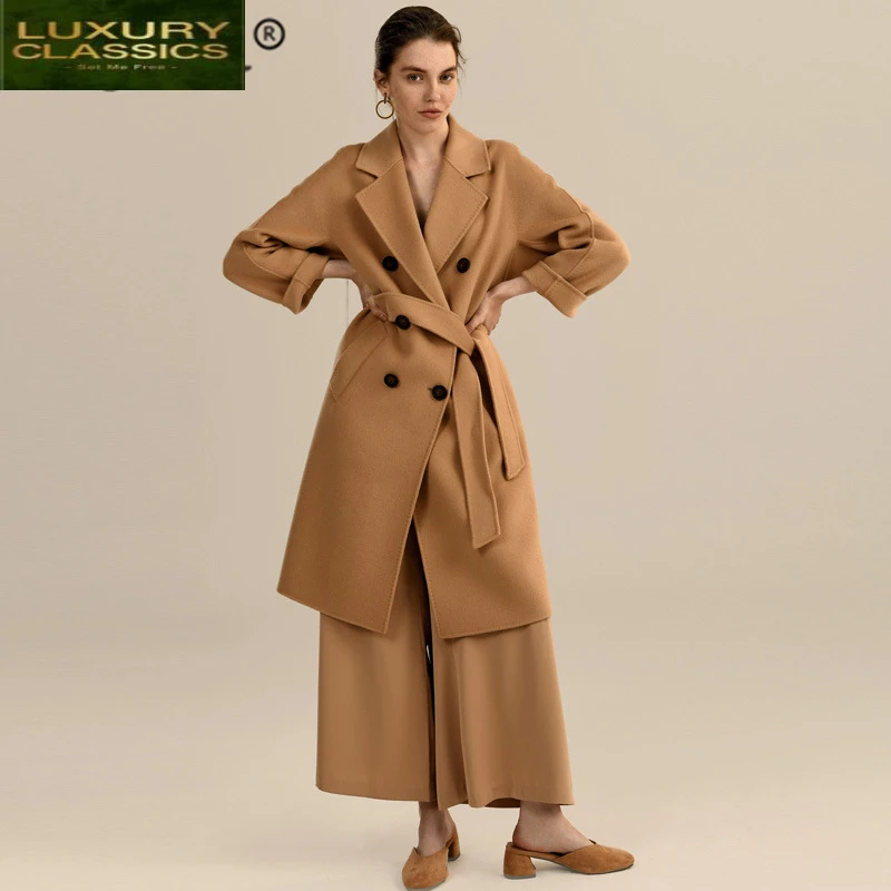 

100% 2021 Ladies Elegant Wool Coat Women Double-faced Cashmere Long Jacket Korean Winter Coat Female Casaco Feminino 9821