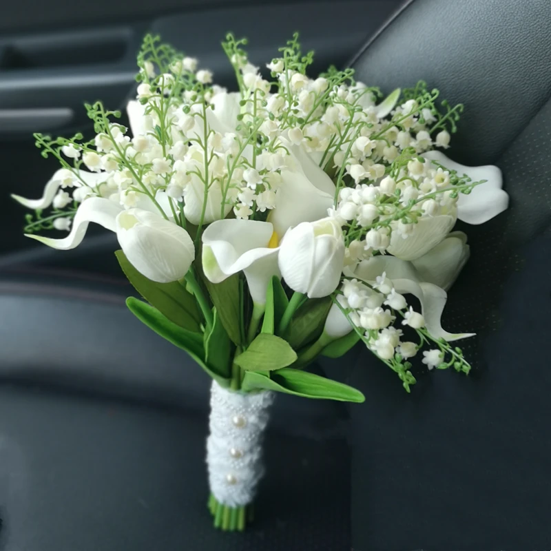 

Free Shipping High Quality Imitation Royal Lily Of The Valley Callas Tulip Holding Flower Bridal Wedding Bouquet Artificial