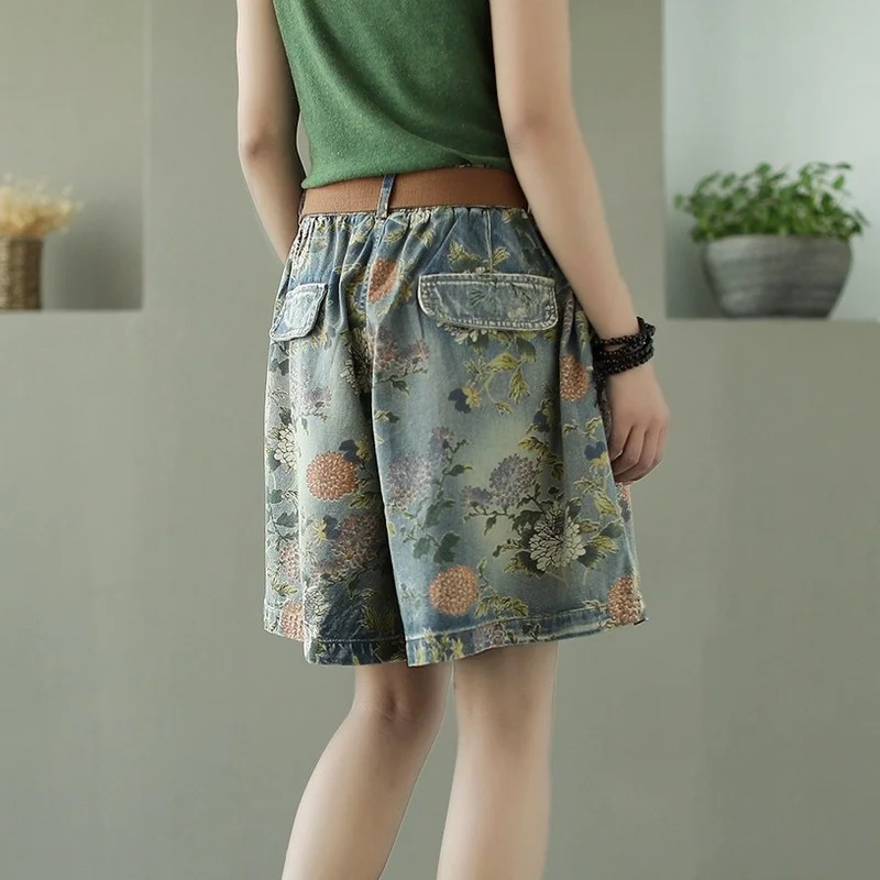 Summer Women Casual Shorts Vintage Floral Print Wide Leg Short Jeans Female High Waist Loose Denim Shorts with Pocket Streetwear