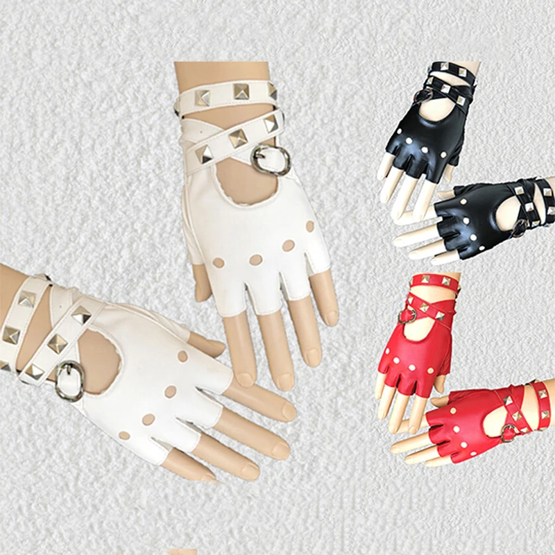 Guantes de cuero Pu negros Unisex Motion Punk Style para mujer, medio dedo, moda oscura, locomotora con remaches de baile