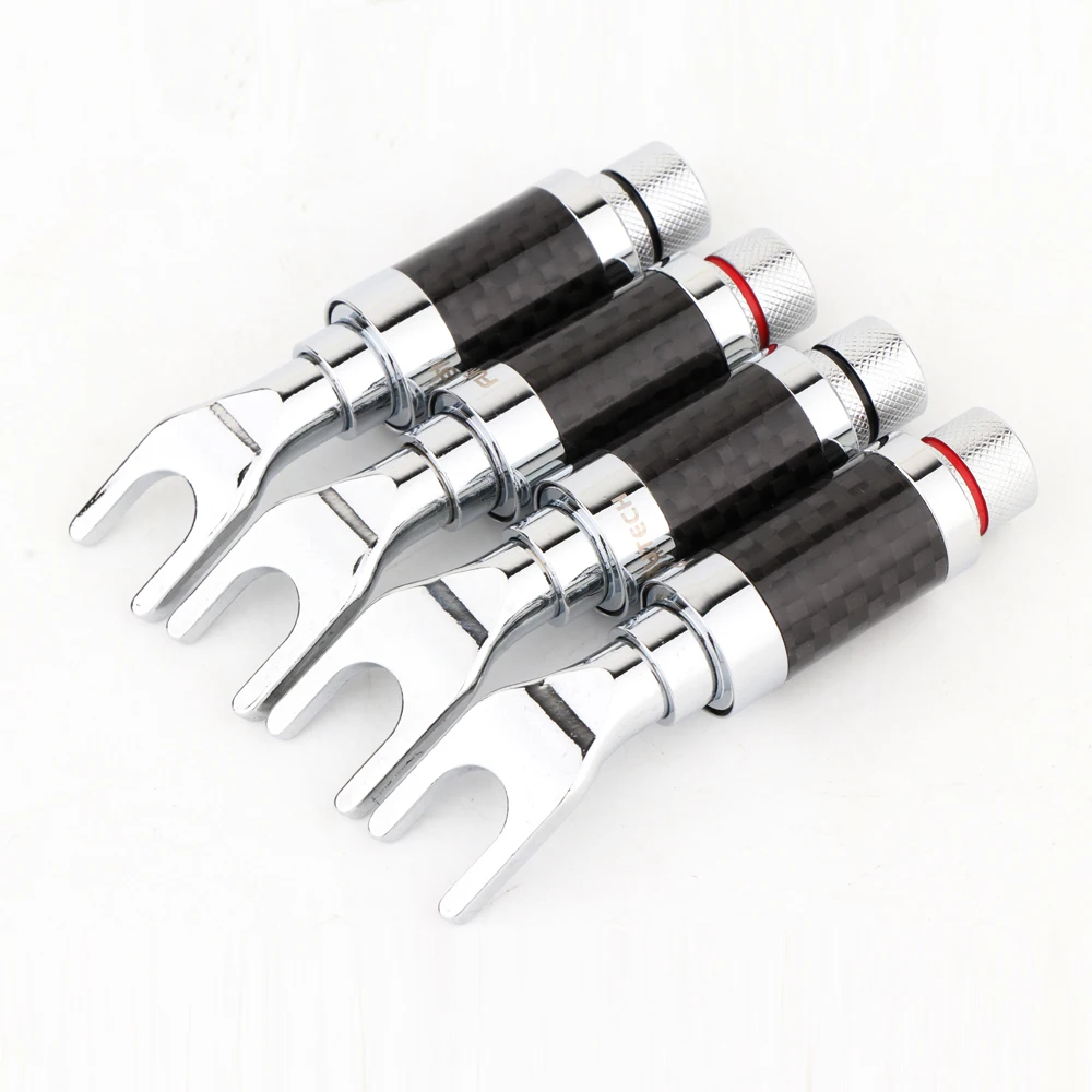 4 Stück rhodinierter Y-Spaten-Stecker, schwarzer Kohlefaser-Lautsprecherkabelstecker – Detail 3