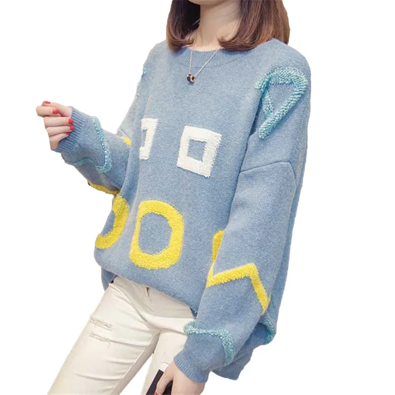 Autumn Winter Embroidery Long Knit Sweater Women Yellow Khaki Blue Korean Loose O-Neck Long Sleeve Pullover Knitted Tops Female