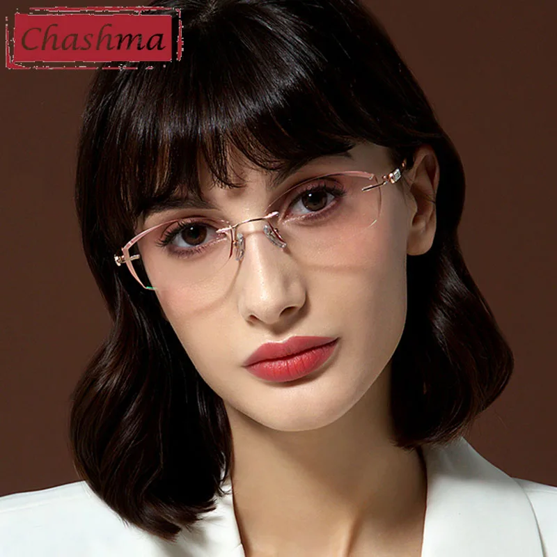 Chashma Rimless Spectacles Pure Titanium Fashion Colored Eye Glasses Diamond Cutting Frames Women Sunglasses Tint Lens