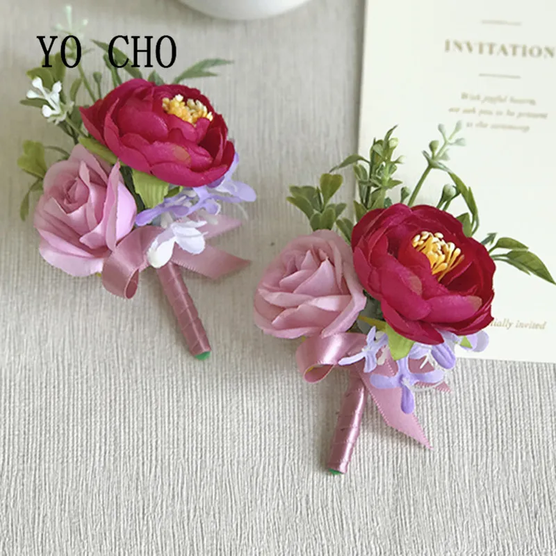 YO CHO Zijde Rozen Pols Corsage Armband Bloemen Bruiloft Corsages en Boutonnières Bloemen Huwelijk Bruidegom Boutonniere Corsages