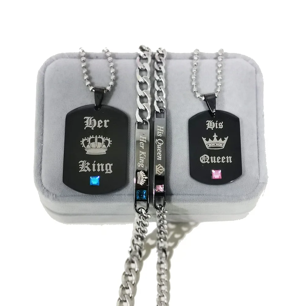 Stainless Steel Her King And His Queen Couple Necklace Pink Blue Crystal Couple Bracelet Necklace Jewelry Set