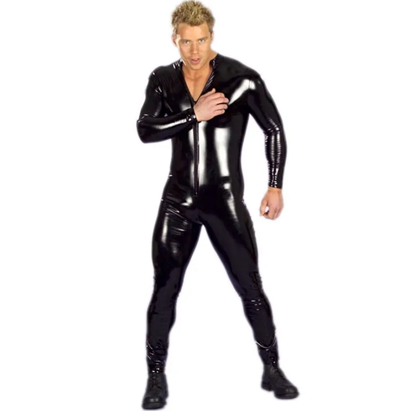 

Man Sexy Faux Leather One-piece Skinny Jumpsuit Mens Long Sleeve Crotchless Catsuit PVC Leather Bodysuit Zentai Suit Gay Costume