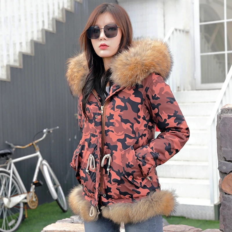 

Down jacket thick winter camouflage jacket jacket hooded raccoon fur collar European beauty