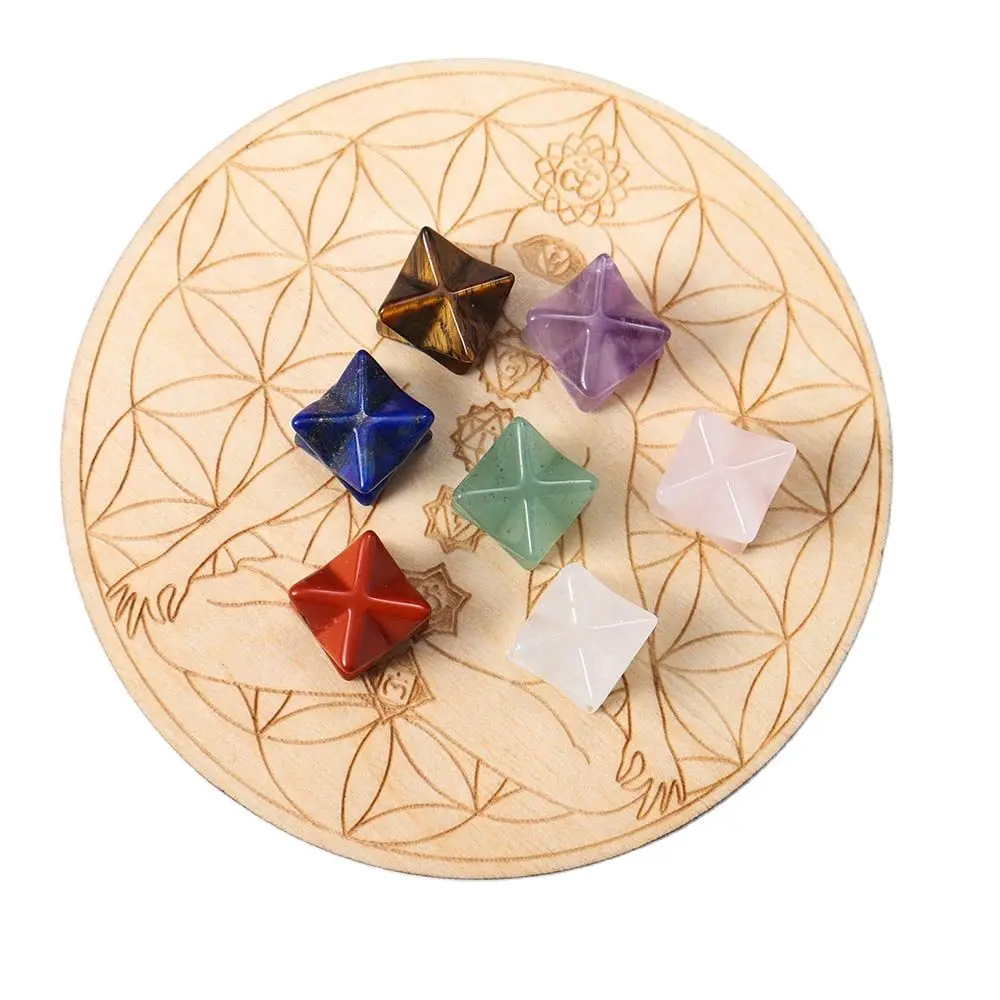 Natural Seven Chakra Melcaba Crystal  Wood Base Set Healing 7Color Gem Clear Quartz Energy Decoration