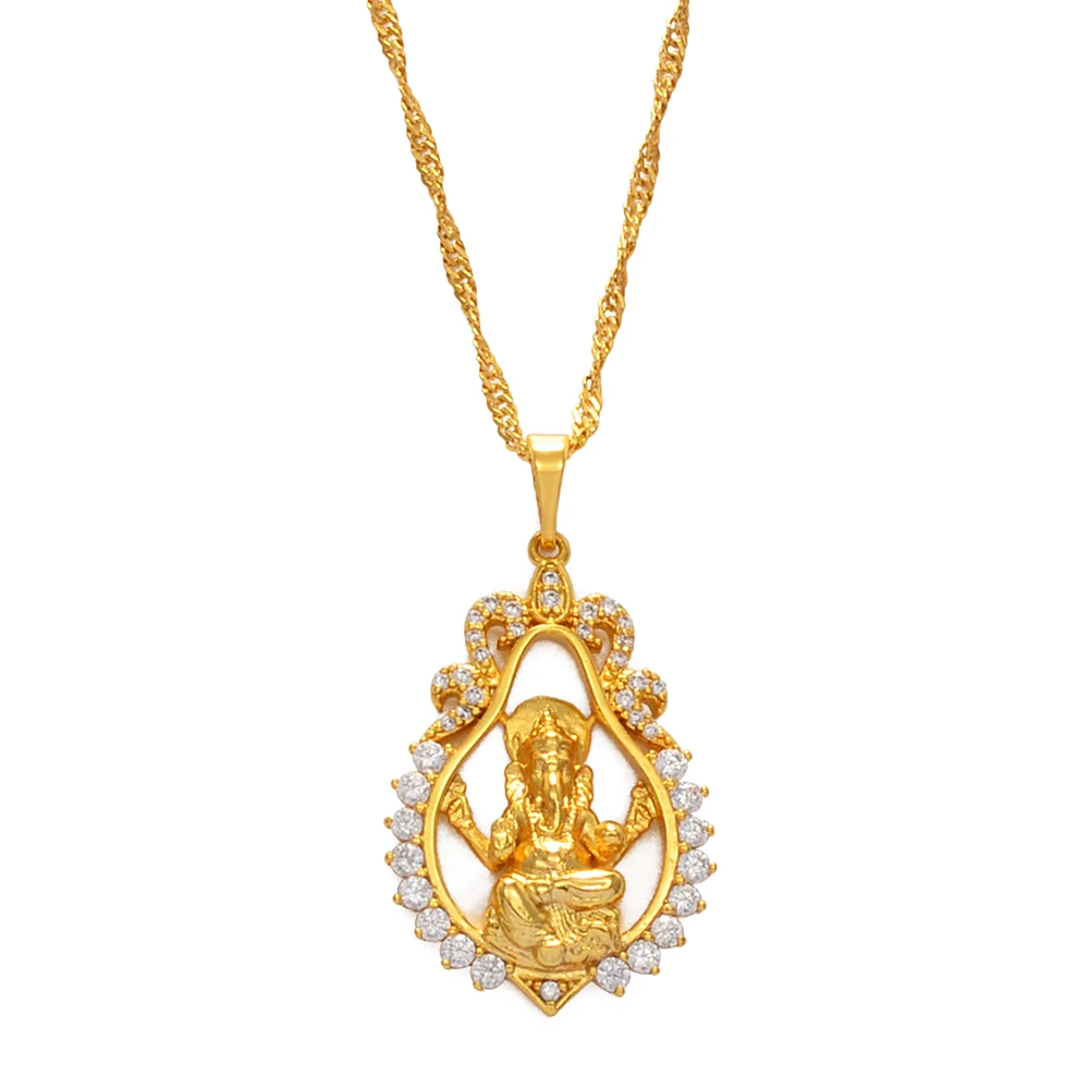 Hinduism Indian Religious Ganesha Pendant Necklaces for Women Girls Gold Color and Cubic zirconia Elephant God Necklaces