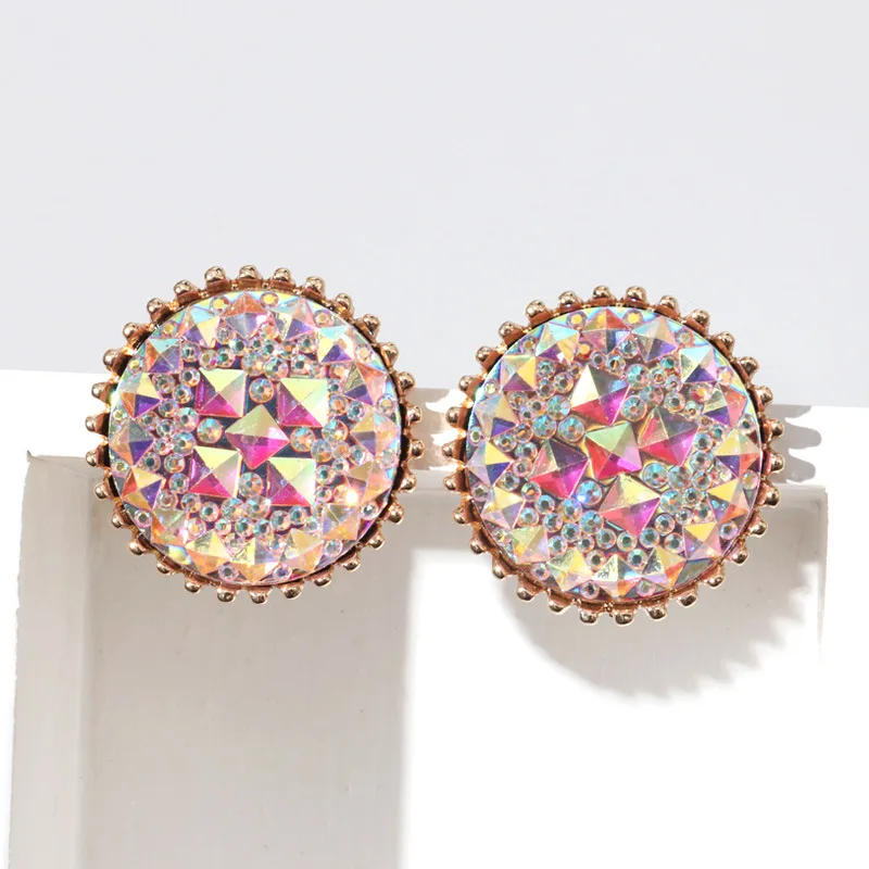 2021 New Vintage Square Pave AB Crystal Jewelry Multicolor Roung Stud Earring for Women