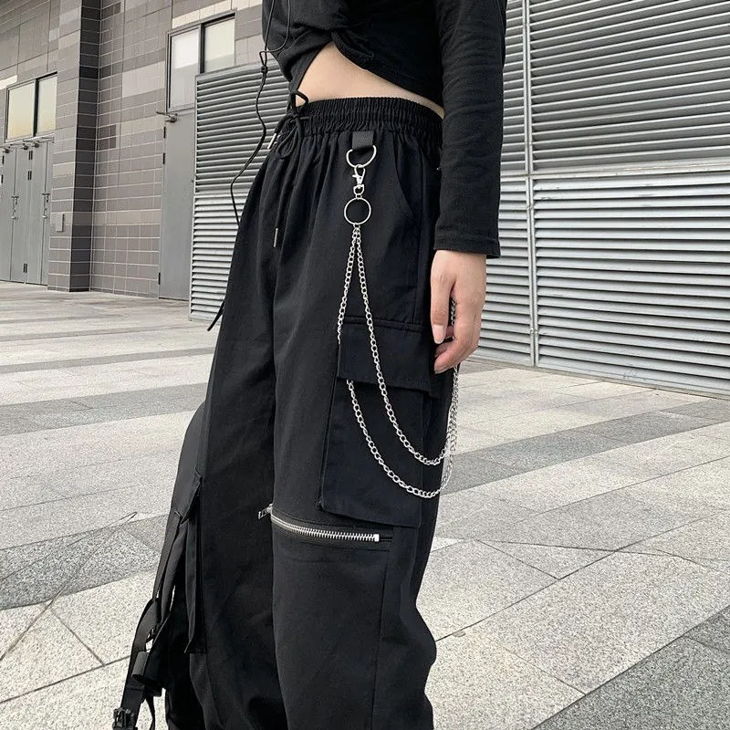 솔리드 블랙 캐주얼 바지 여성 커플 세련된 S-4XL 하라주쿠 지퍼 유니섹스 BF Techwear 카고 오버올 루스 칙 하이 웨스트