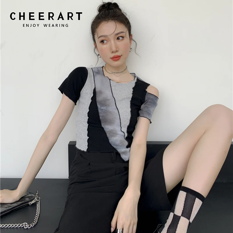 CHEERART Tie Dye Patchwork Tops Women 2021 Crewneck Tshirt Asymmetrical Crop Top Summer T Shirt Short Sleeve Tees Black Grey