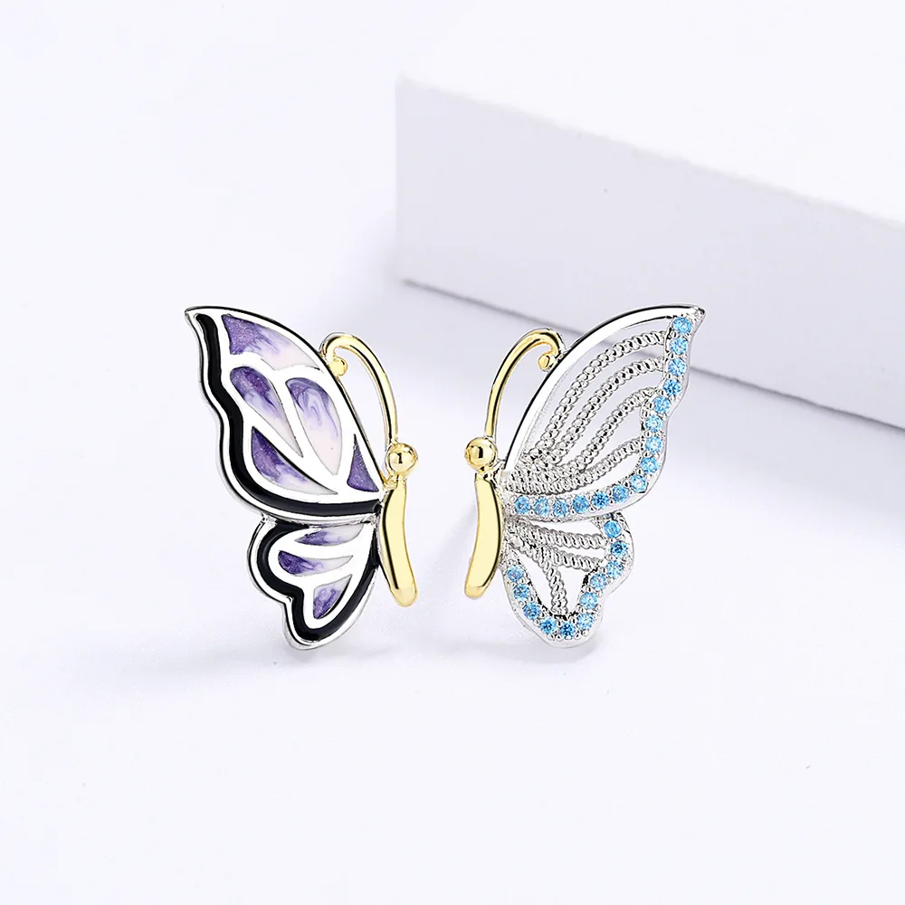 Retro Oil Painting Butterfly 100% 925 SIlver Needle Ring Jewelry For Women Wedding Necklace Earrings Fashion Jewelry Set