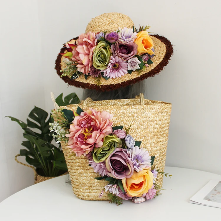 Multicolor Artificial Flowers Rattan Tote Customized Bohemia Style Women Summer Beach Bag and Hat Suit Straw Handbag High-end