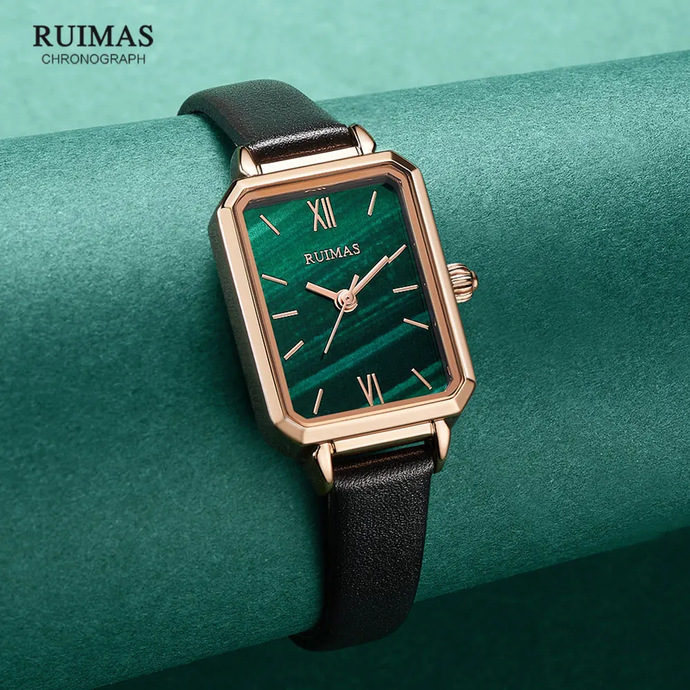 

RUIMAS Fashion Leather strap Watches Women Green Rectangle Quartz Watch for Girls Lady Analog Wristwatch relojes de mujer Montre