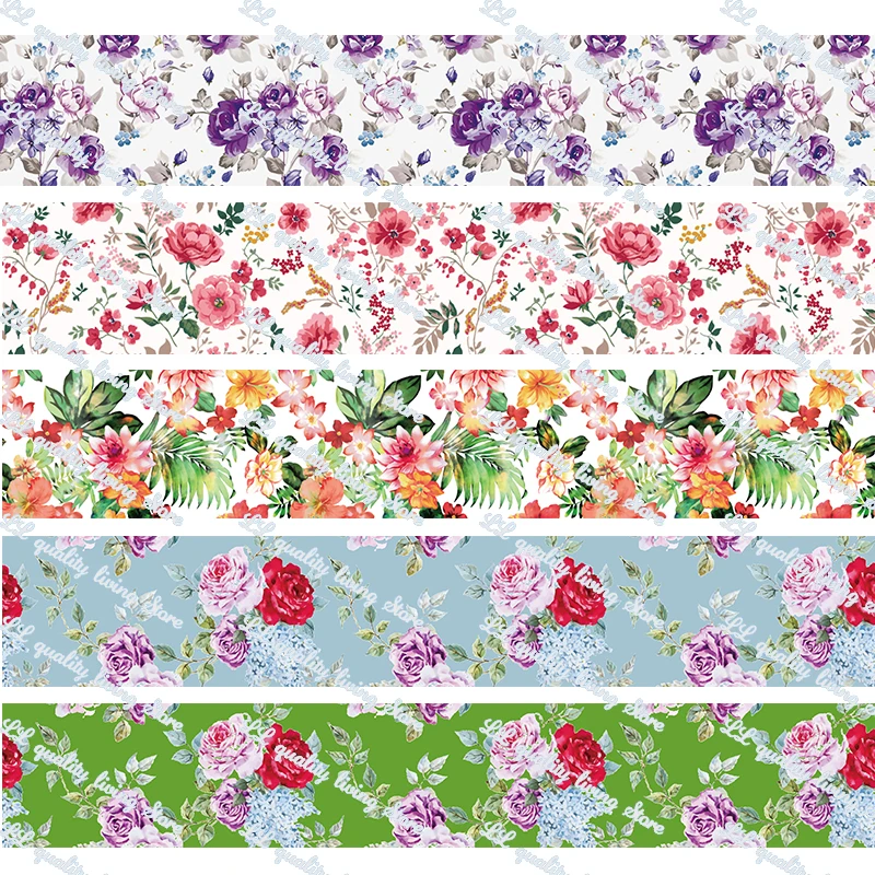 

Flowers of different color printed grosgrain foe elastic ribbon Christmas wedding decoration DIY bows materails ribbons 50 yards