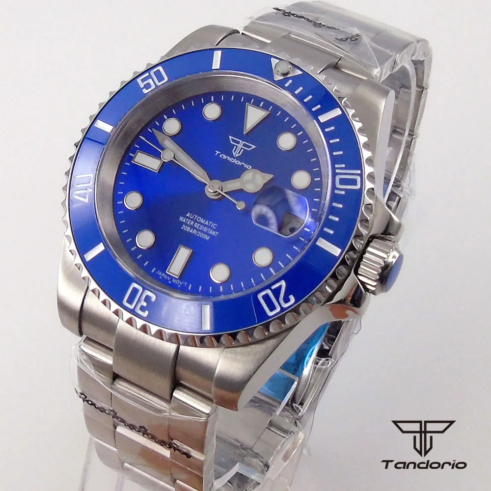 

Tandorio Blue Sunburst Dial NH35A 40mm Automatic Men's Diving Wristwatch Sapphire Glass 200m Waterproof Screwdown Crown