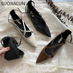 SUOJIALUN 2022 Spring Women Shallow Women Flats Shoes Pointed Toe Soft Leather Flat Ballerinas Ladies Elegant Dress Balltes