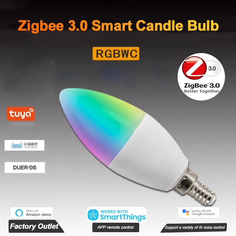 

Умная лампа Tuya Zigbee RGBCW 5 Вт E12 E14, светодиодные лампы для умного дома, с голосовым управлением через Alexa Google Home Smarthings