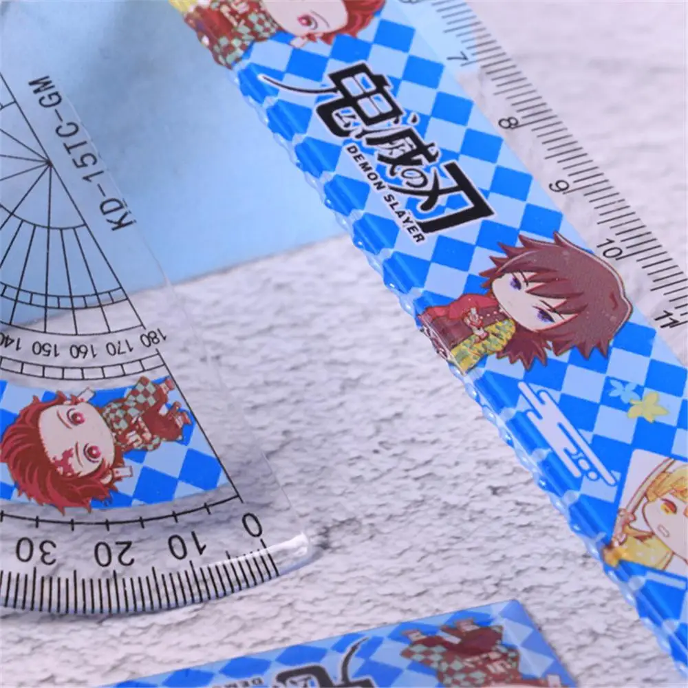 4Pcs/Set Plastic Demon Slayer Blade Cartoon Set Ruler Student Multifunctional Learning Drawing Triangle Ruler